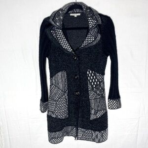 Cleo Black White Wool Mohair Blend Multi Texture/Print Knit Cardigan Sweater M
